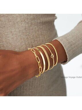14K Gold Plated Stackable Bracelet Set Cuff Chain Women